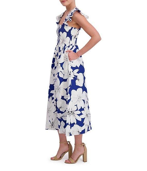 Anne Klein Square Neck Ruffle Shoulder Smocked Floral Printed Poplin Midi Dress Product Image