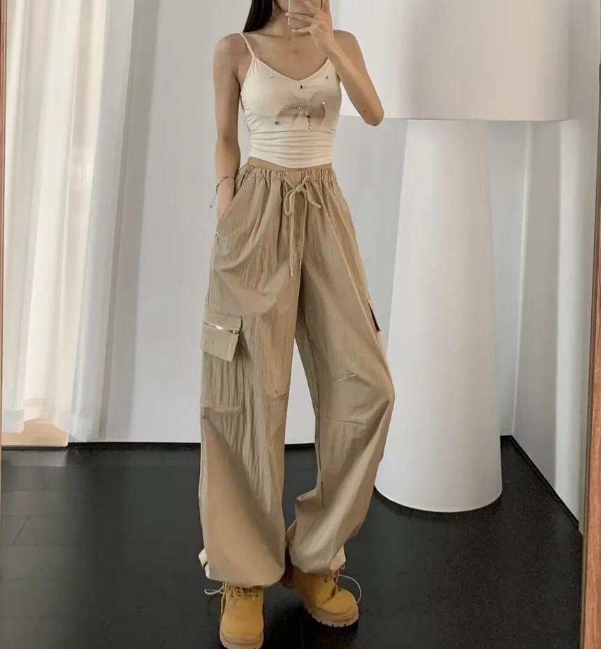 Drawstring Waist Plain Wide Leg Cargo Pants Product Image