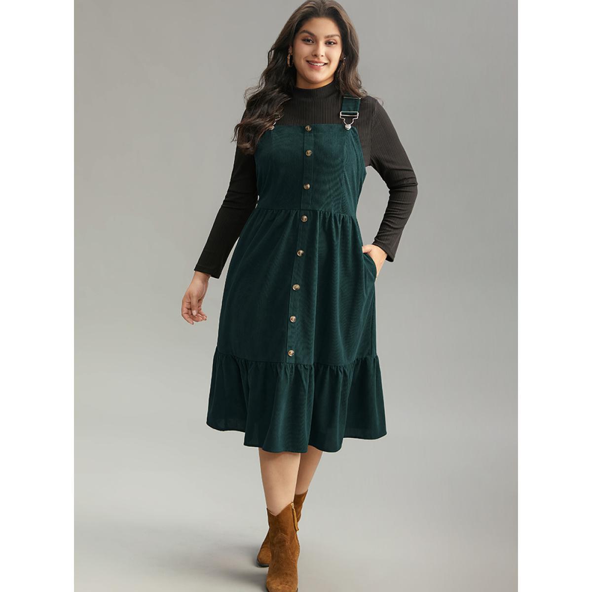 Plus Size Corduroy Button Detail Ruffles Adjustable Straps Dress DarkGreen Women Casual Adjustable Straps Spaghetti Strap Sleeveless Curvy Midi Dress BloomChic 14-16/1X Product Image