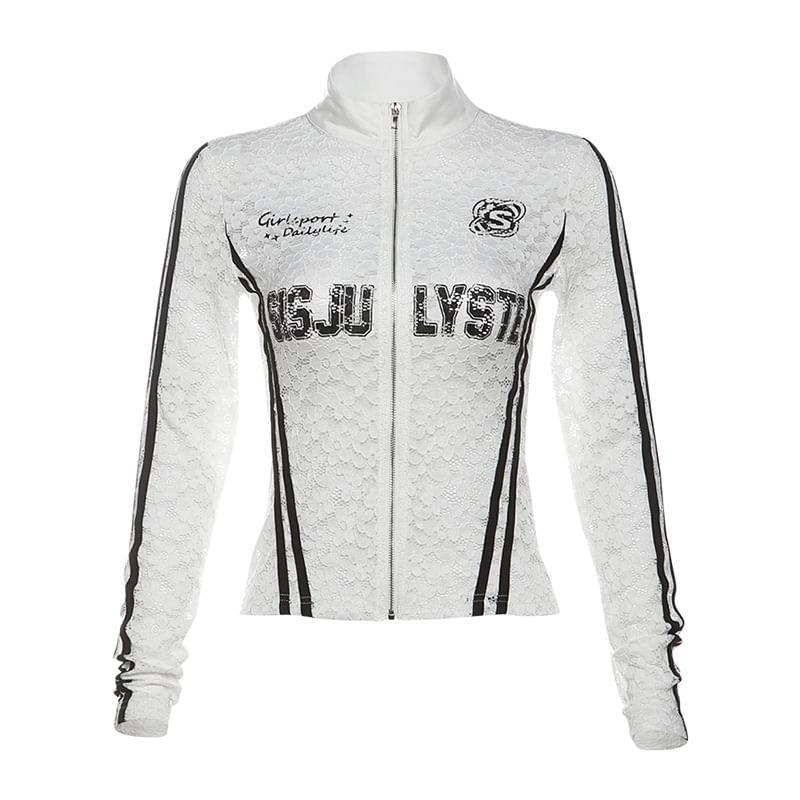 Long Sleeve Lettering Print Striped Lace See-Through Slim-Fit Crop Zip-Up Top Product Image