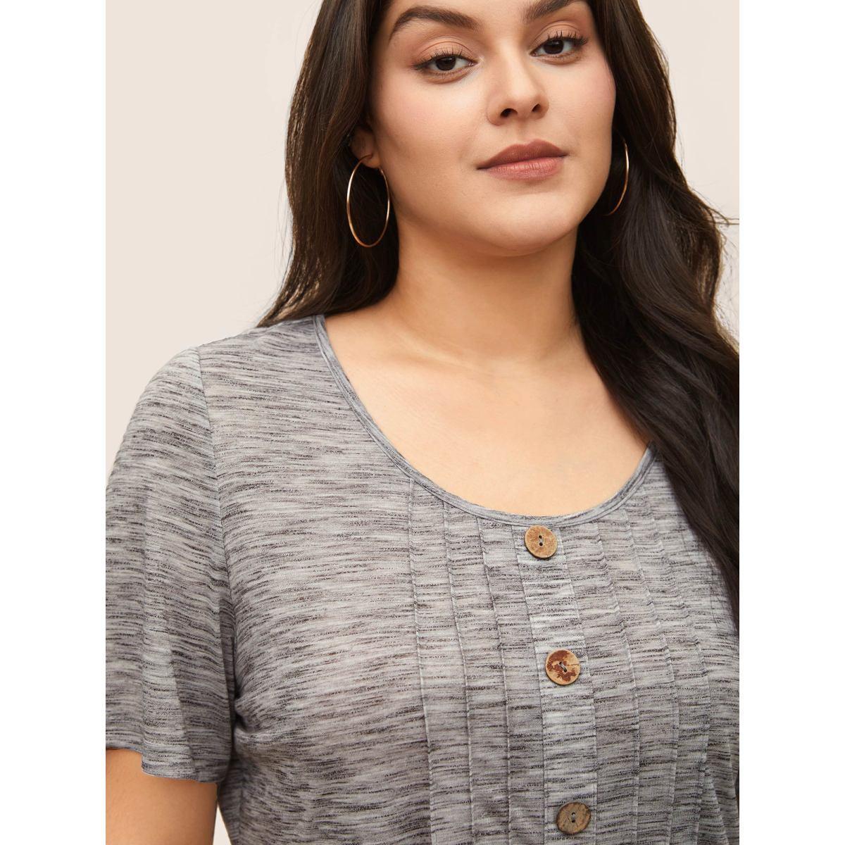 Plus Size Round Neck Heather Pleated Button Detail T-shirt LightGray Women Casual Button Plain Round Neck Everyday T-shirts BloomChic 22-24/3X Product Image