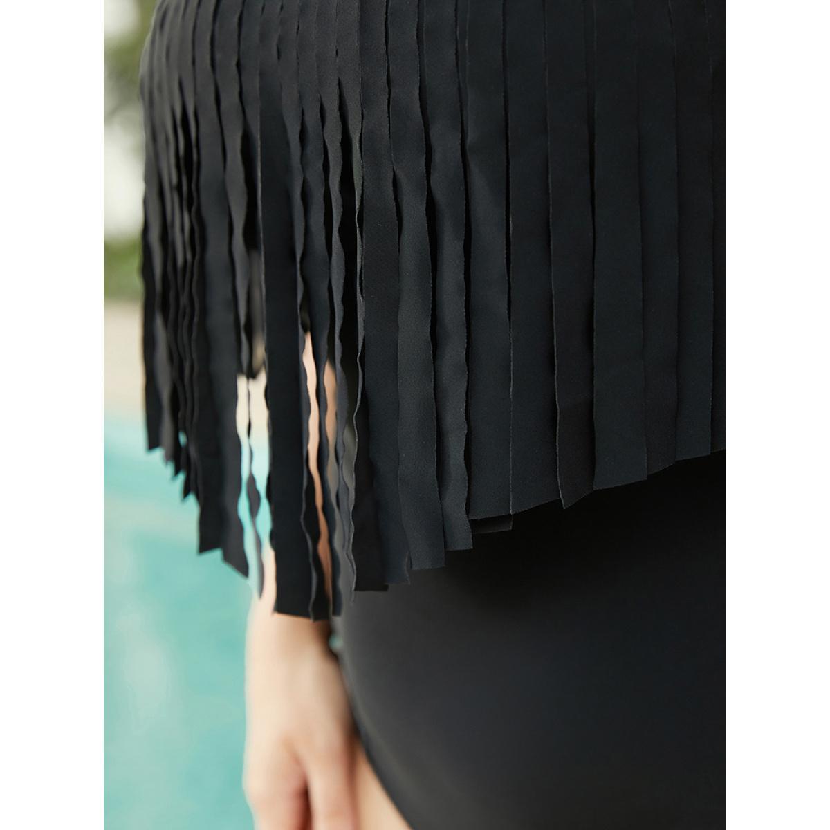 Plus Size Cold Shoulder Fringe Trim One Piece Swimsuit Women's Swimwear Black Vacation Adjustable Straps Curve Bathing Suits High stretch One Pieces BloomChic 28/5X Product Image