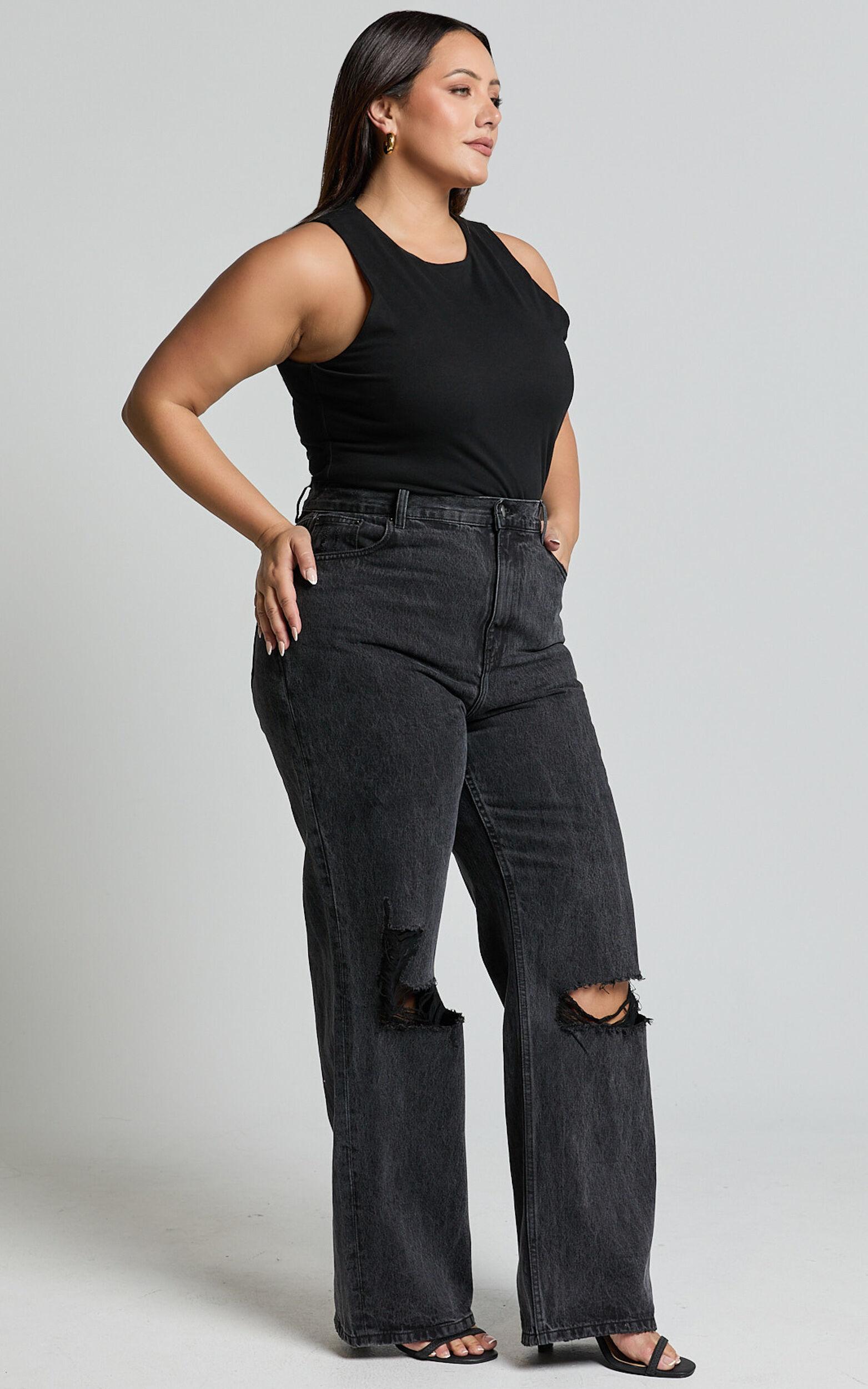 Miho Jeans - High Waisted Recycled Cotton Distressed Straight Leg Denim Jeans in Washed Black Product Image