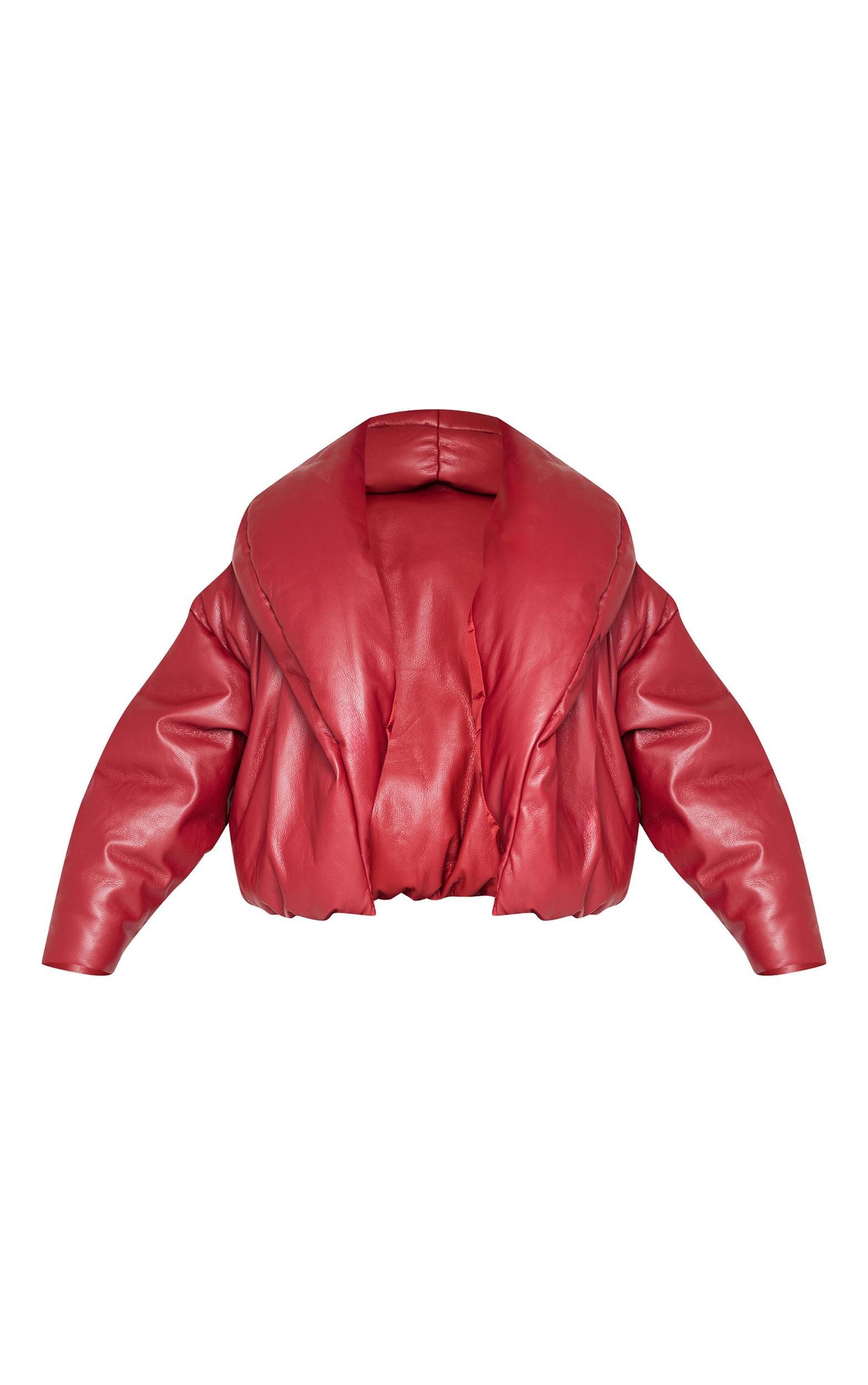 Petite Dark Red Exaggerated Collar PU Puffer Coat Product Image