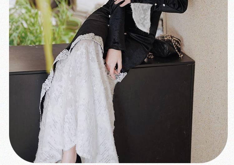 Long Sleeve Stand Collar Plain Lace Trim Midi A-Line Dress Product Image