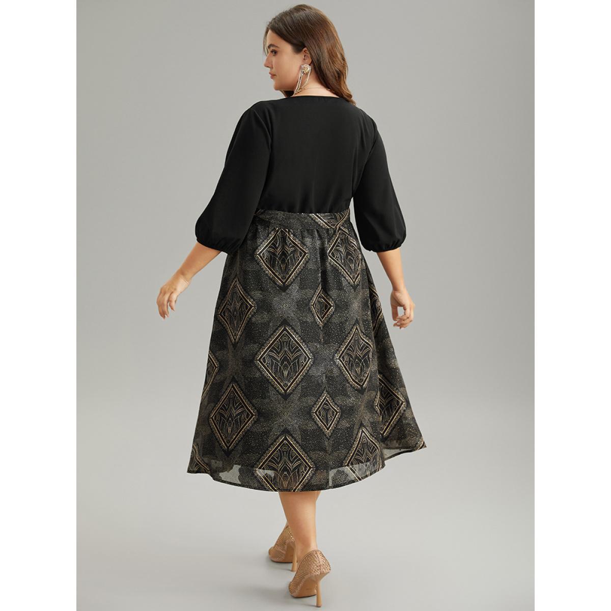 Plus Size Chiffon Moroccan Print Glitter Belted Overlap Collar Dress Black Women Party Elastic cuffs Overlap Collar Elbow-length sleeve Curvy Midi Dress BloomChic 18-20/2X Product Image