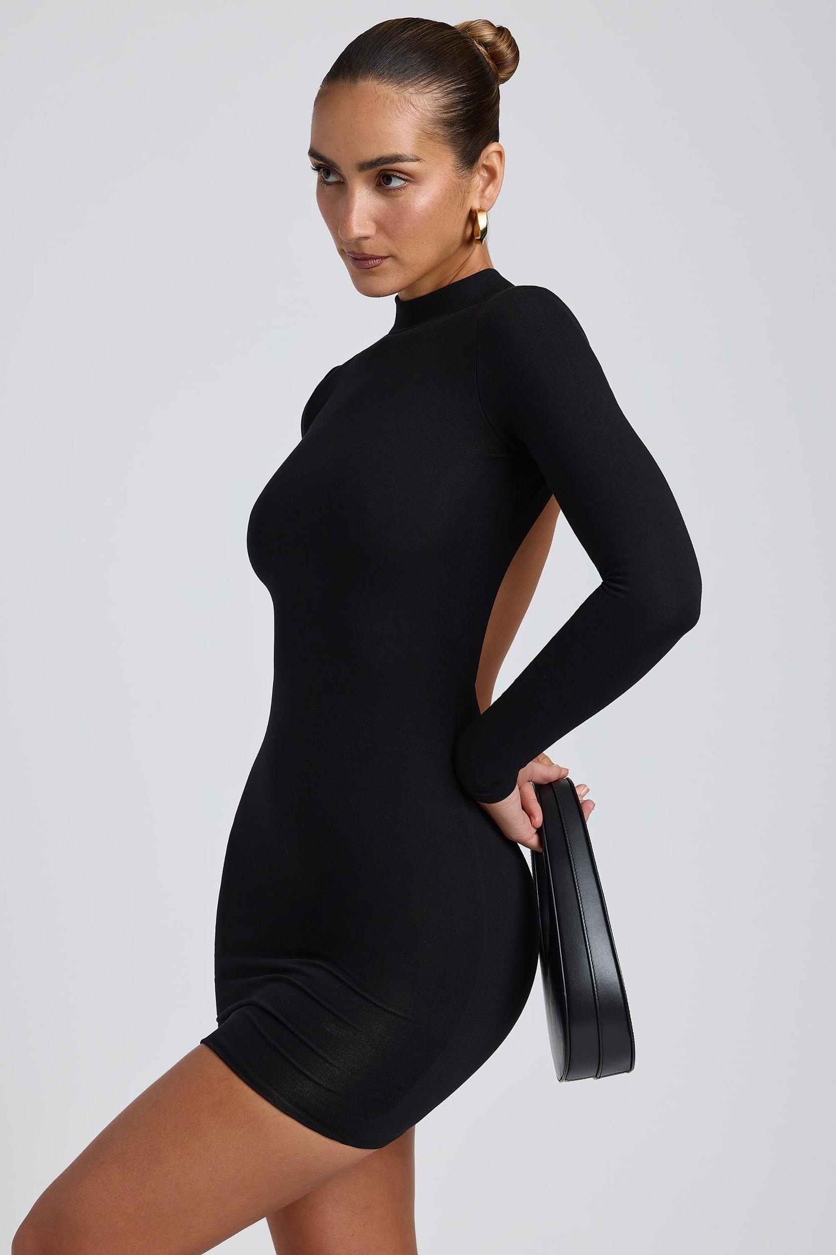 Modal Open-Back Long-Sleeve Mini Dress in Black Product Image