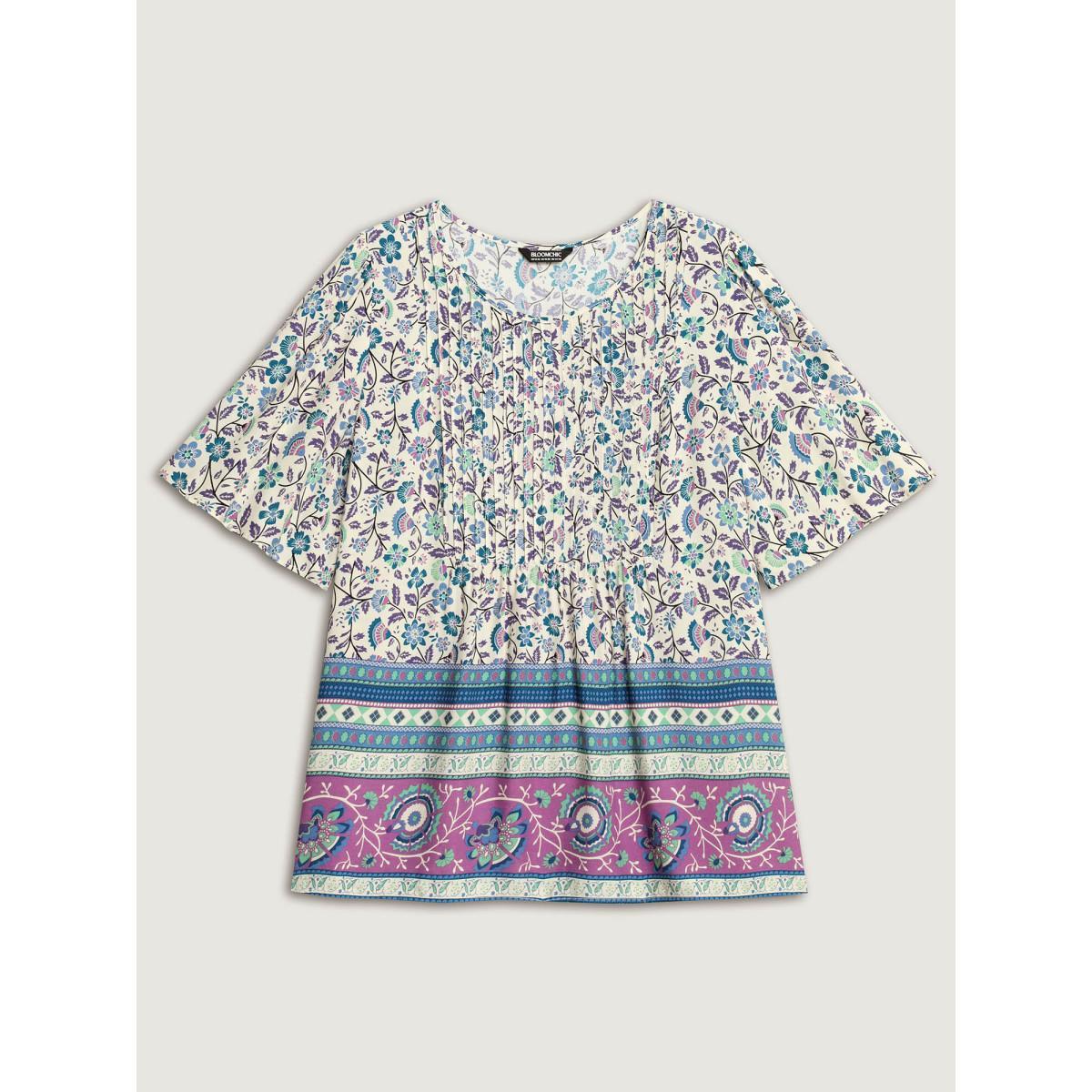 Plus Size Aegean Rayon Pleated Floral Print Blouse Women Half Sleeve Round Neck Everyday-Elegant Blouses BloomChic 10/M Product Image
