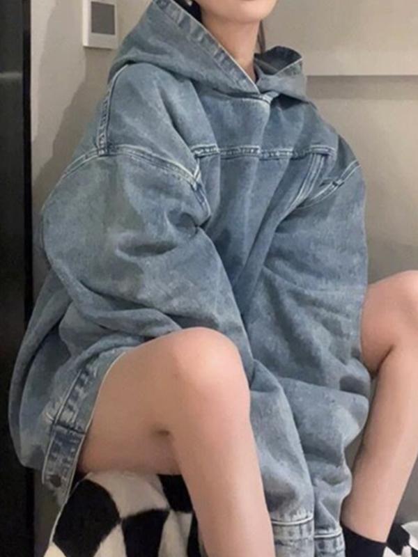 Faux Denim Hooded Loose Sweatshirt Product Image
