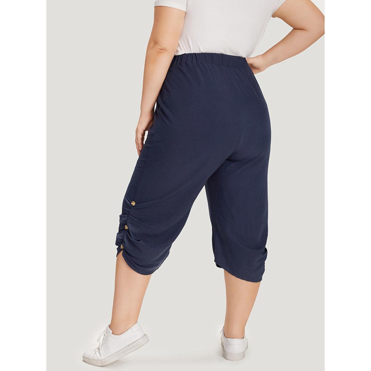 Plus Size Solid Pocket Beaded Detail Gathered Pants Women Blue Casual High Rise Dailywear Pants BloomChic 26/4X Product Image