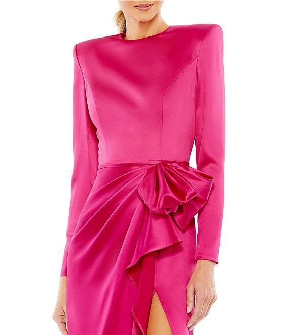 Mac Duggal Long Sleeve Crew Neck Ruched Waist Draped Bow Thigh High Slit Satin A-Line Gown Product Image