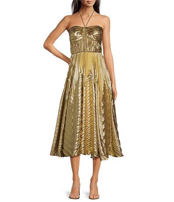 Alex Marie Olympia Woven Metallic Halter Sweetheart Neck Sleeveless Ruched Fit and Flare Flounce Midi Dress Product Image