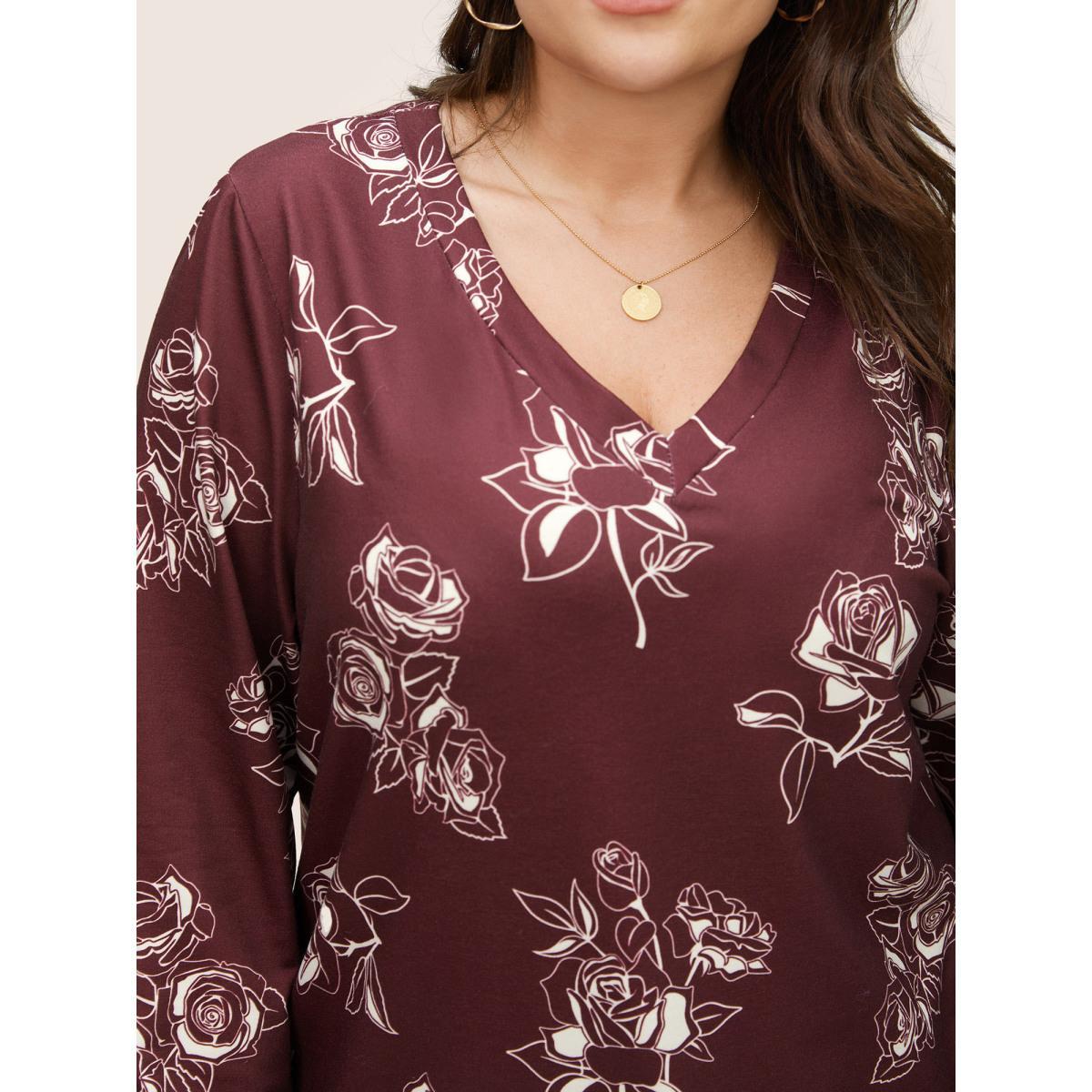 Plus Size Silhouette Floral Rose Print V Neck Sweatshirt Women Burgundy Casual Non V-neck Everyday Sweatshirts BloomChic 18-20/2X Product Image