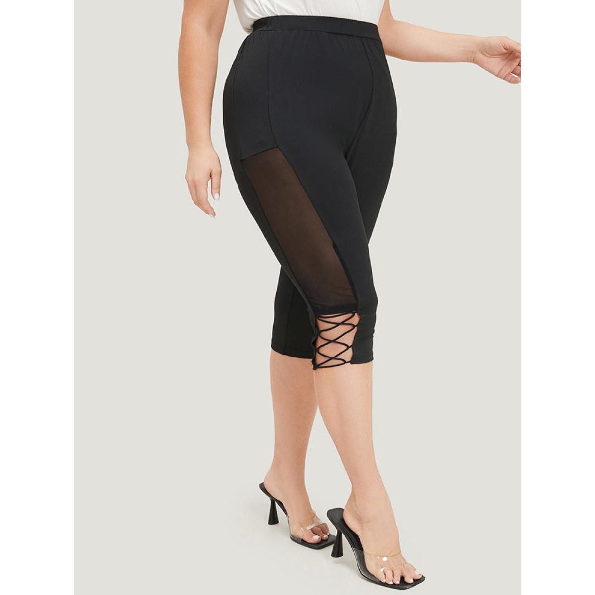 Plus Size Plain Crisscross Mesh Patchwork Cropped Leggings Women Black Elegant High stretch Skinny High Rise Dailywear Leggings BloomChic 18-20/2X Product Image