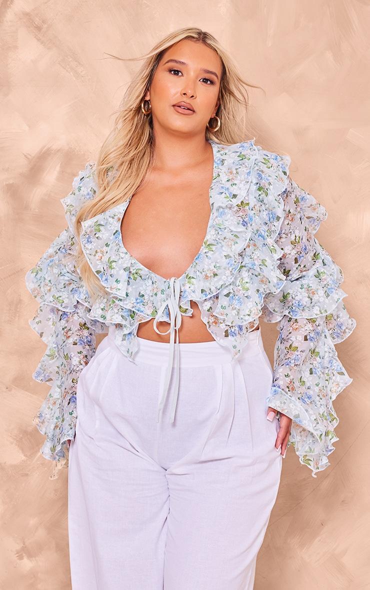 Plus Blue Floral Sheer Woven Ruffle Tie Crop Blouse Product Image