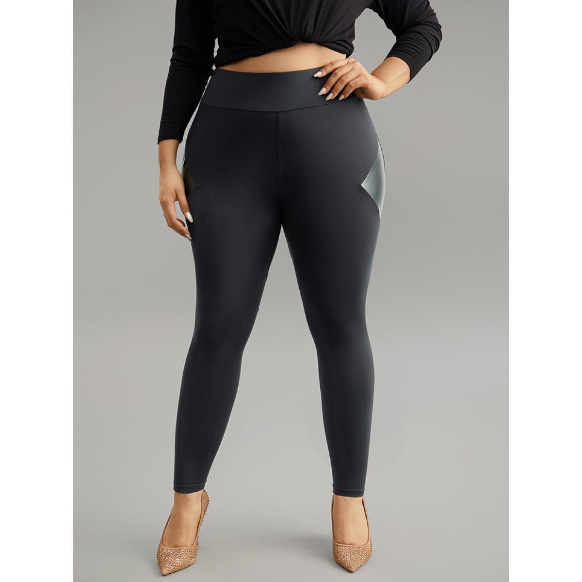Plus Size Patchwork PU Leather High Rise Leggings Women Black Casual High stretch Skinny High Rise Dailywear Leggings BloomChic 14-16/1X Product Image