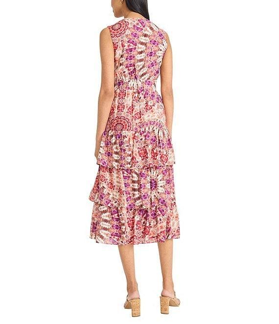 The Good Journey V-Neck Sleeveless Printed Gauze Tiered Ruffle Midi Dress Product Image