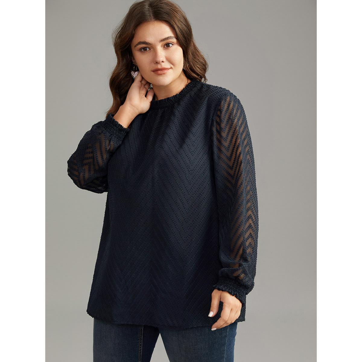 Plus Size Midnight Plain Patchwork Mesh Shirred Frill Trim Blouse Women Office Long Sleeve Round Neck Work Blouses BloomChic 22-24/3X Product Image