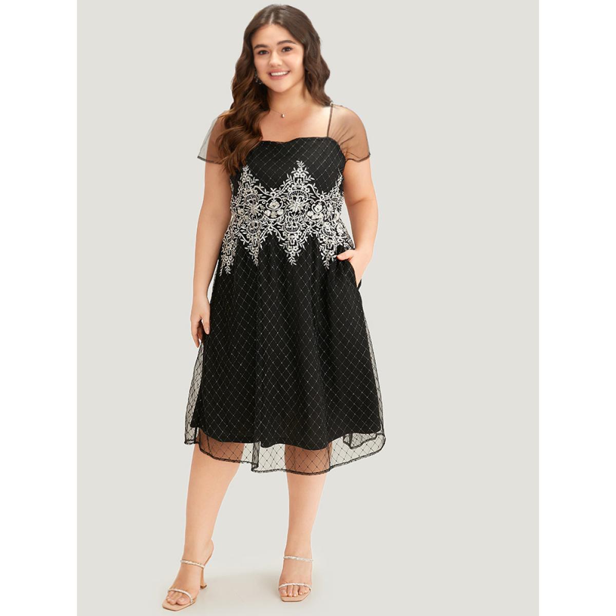 Plus Size Embroidered Pocket Mesh Patchwork Tank Dress Black Women Glamour Texture Square Neck Sleeveless Curvy Midi Dress BloomChic 26/4X Product Image