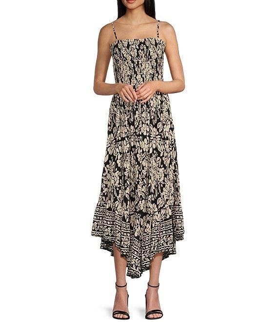 Angie Floral Print Smocked Bodice Spaghetti Strap High-Low Maxi Dress Product Image