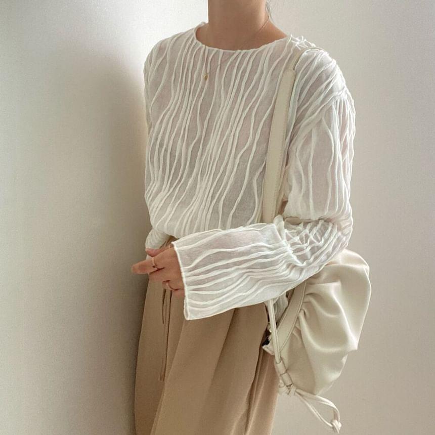 Long-Sleeve Crew Neck Plain Textured Sheer Blouse Product Image