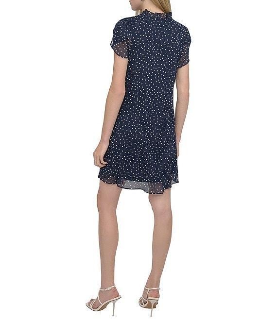 DKNY by Donna Karan Woven Dotted Print Mock Neck Short Sleeve Shift Mini Dress Product Image