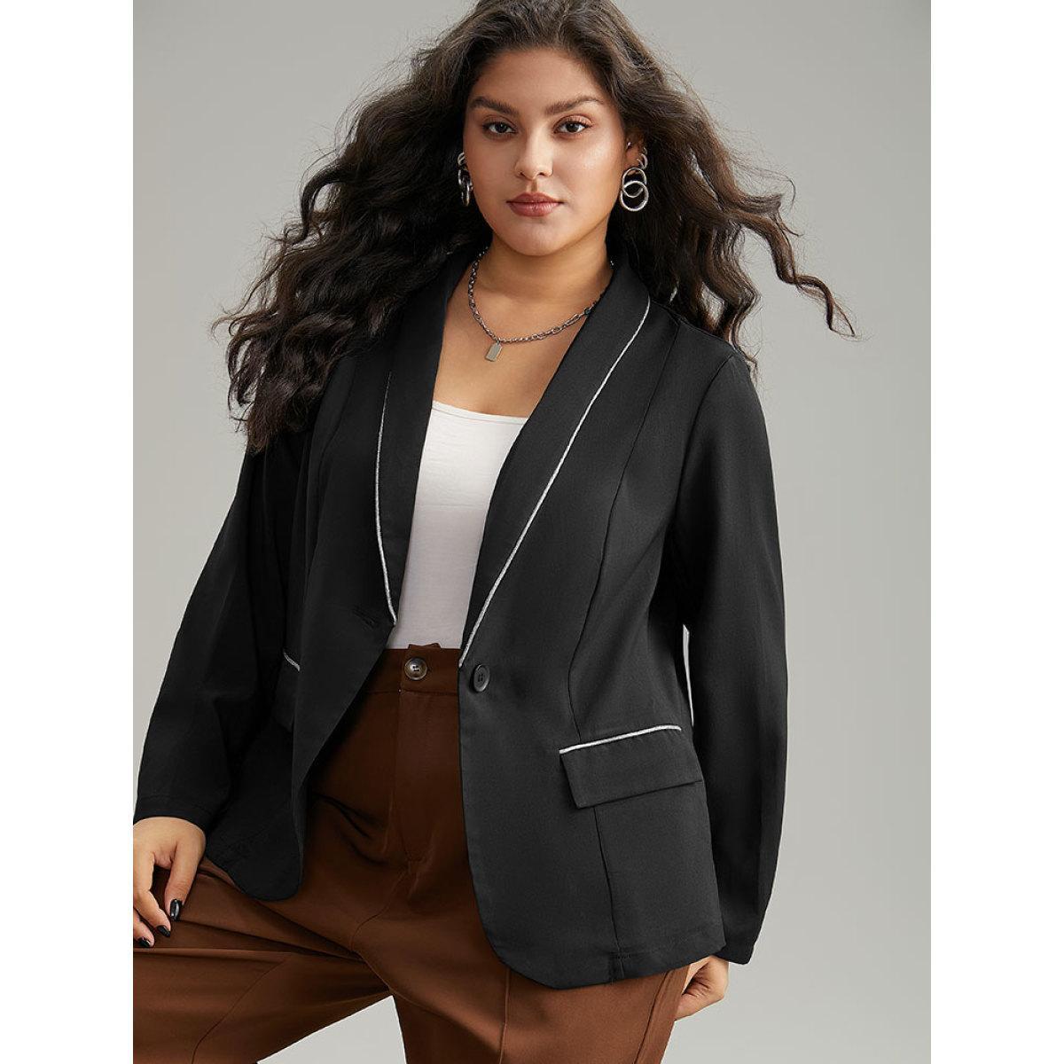 Plus Size Twill Patchwork Contrast Trim Button Up Blazer Black Women Work Plain Contrast Sleeve Long Sleeve Suit Collar 26/4X Office Blazers BloomChic Product Image