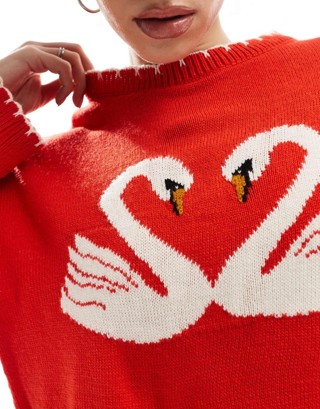 Miss Selfridge blanket stitch swan heart sweater in red Product Image