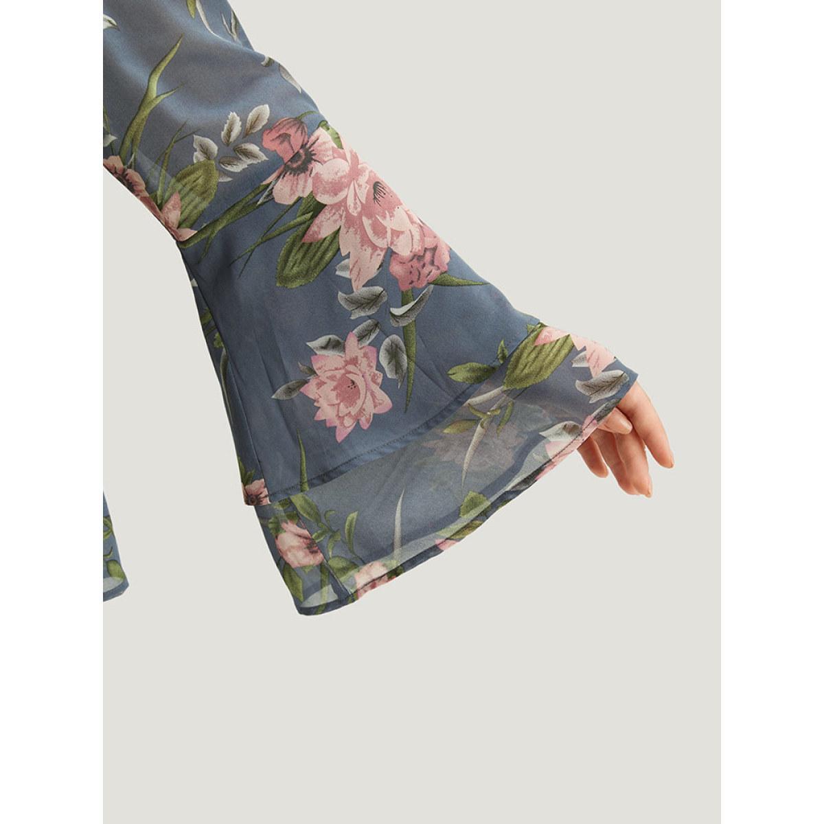 Plus Size Stone Floral Print Wrap Tiered Bell Sleeve Elastic Waist Blouse Women Elegant Long Sleeve V-neck Dailywear Blouses BloomChic 12/L Product Image
