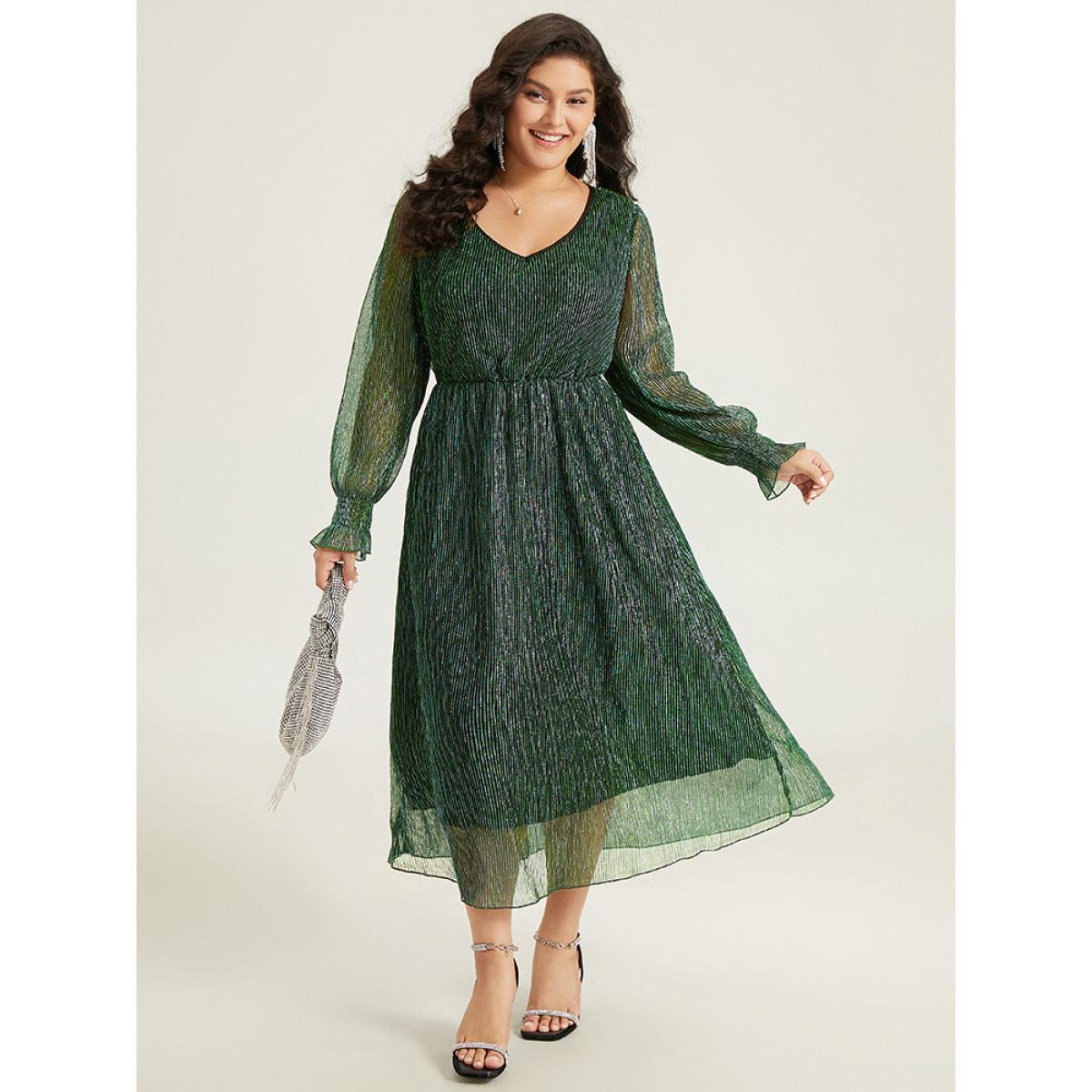 Plus Size Plain Texture Elastic Waist Shirred Mesh Dress DarkGreen Women Cocktail Texture V-neck Long Sleeve Curvy Midi Dress BloomChic 18-20/2X Product Image