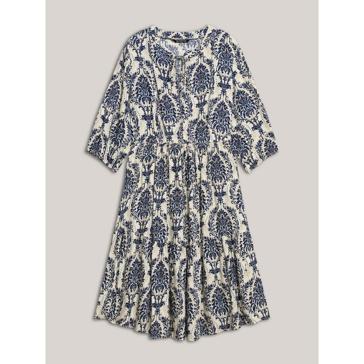 Plus Size Damask Print Tie Knot Puff Sleeve Dress DarkBlue Women Resort Tie knot V-neck Elbow-length sleeve Curvy BloomChic 26/4X Product Image