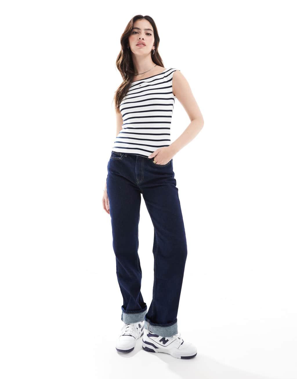 Tommy Jeans off shoulder top in white and navy stripe Product Image