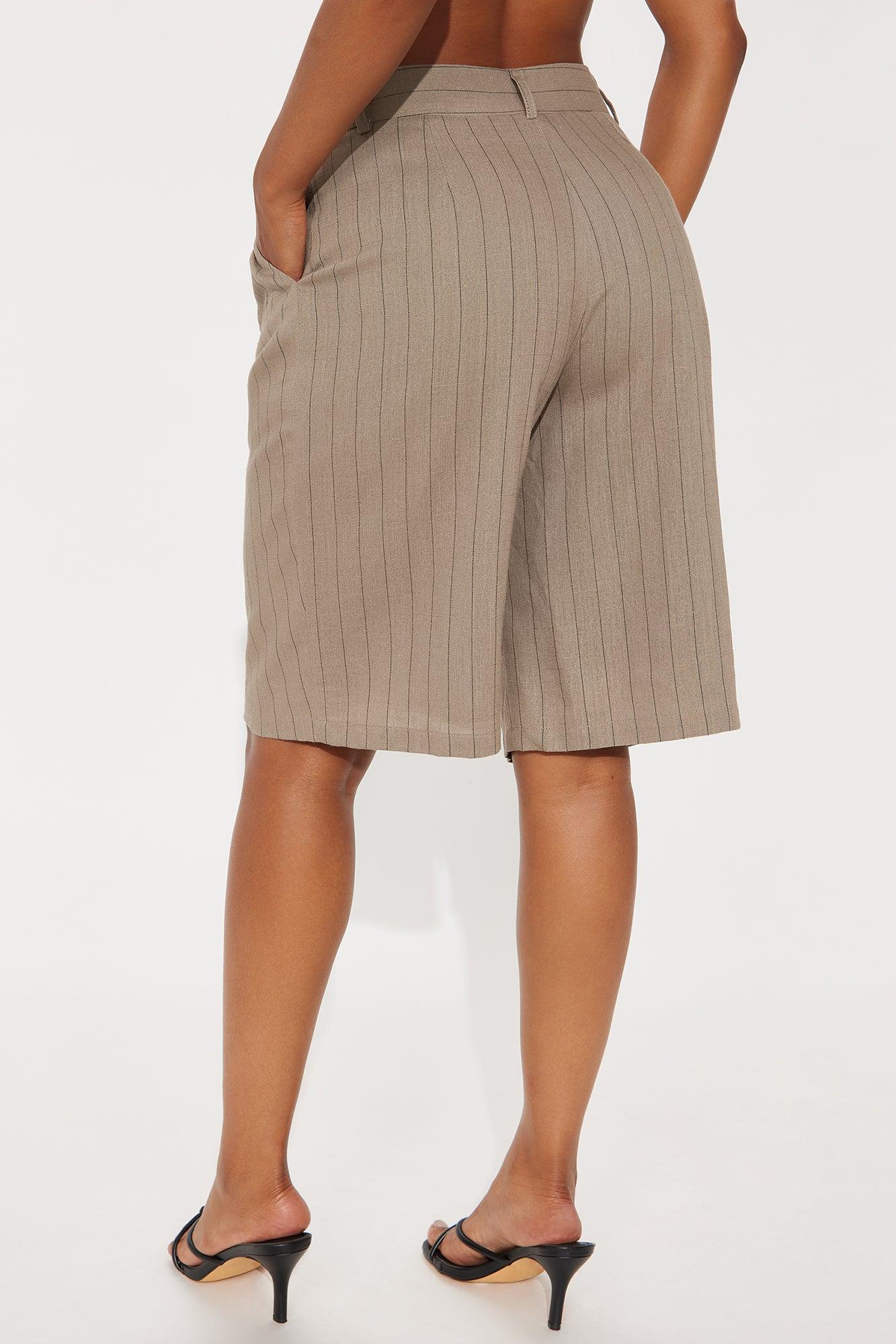 Penelope Pinstripe Linen Trouser Short - Mocha Product Image