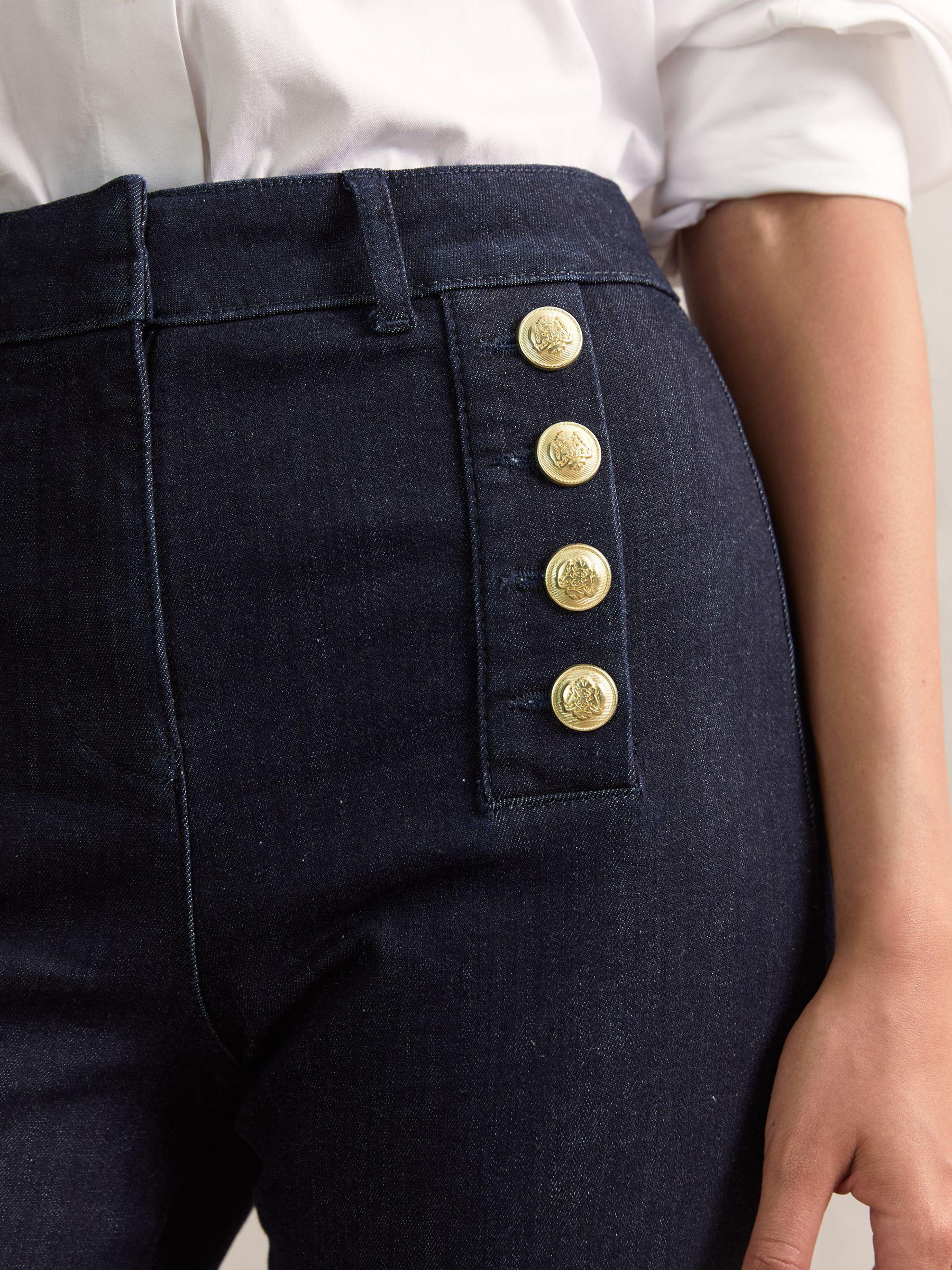 Button-Detail High-Rise Flared Jeans in Dark Blue Product Image