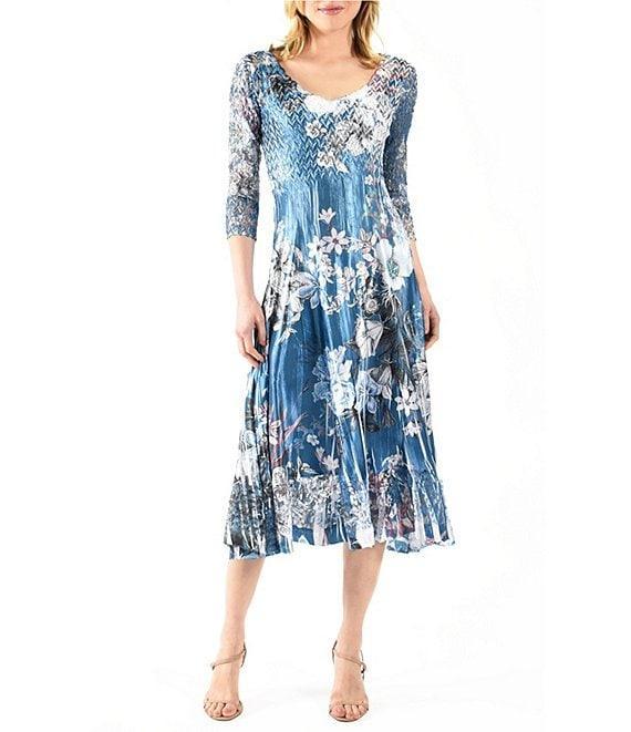 Komarov Charmeuse Floral Print Lace V-Neck 3/4 Sleeve Pleated Fit and Flare Dress Product Image