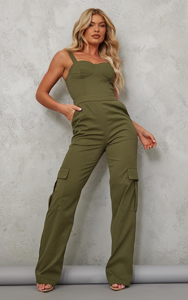 Khaki Woven Corset Pocket Detail Strappy Jumpsuit Product Image