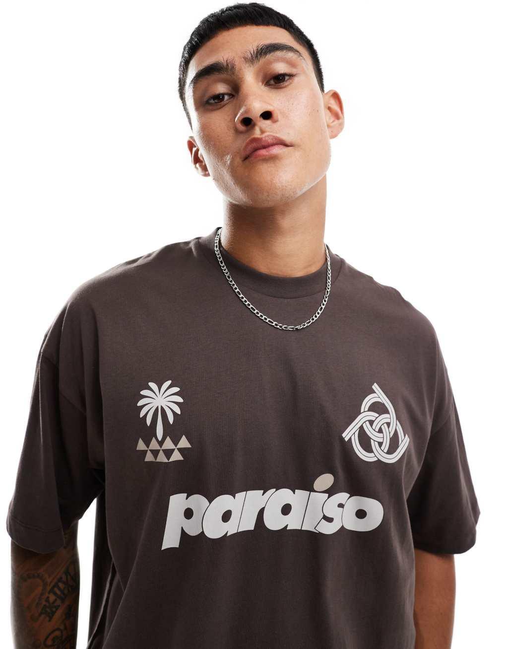 ASOS DESIGN oversized t-shirt with paraiso front print in brown Product Image