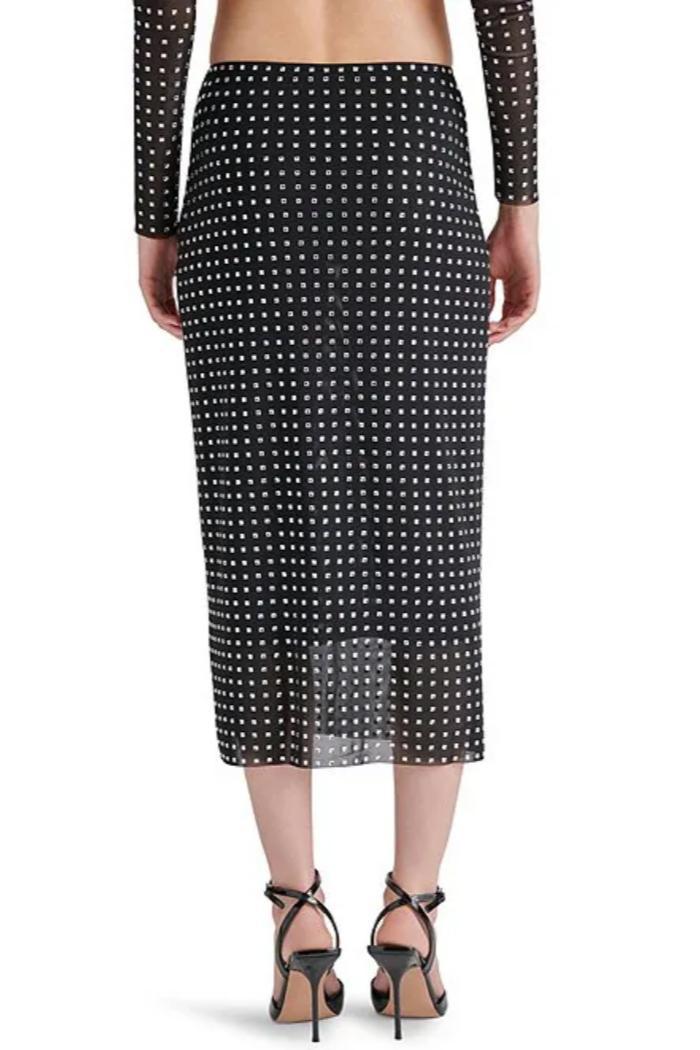 Emi Embellished Rhinestone Mesh Midi Skirt- Black Product Image