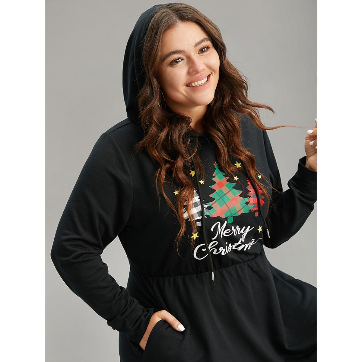 Plus Size Christmas Trees & Letter Hooded Drawstring Dress Black Women Casual Plain Curvy Midi Dress BloomChic 22-24/3X Product Image