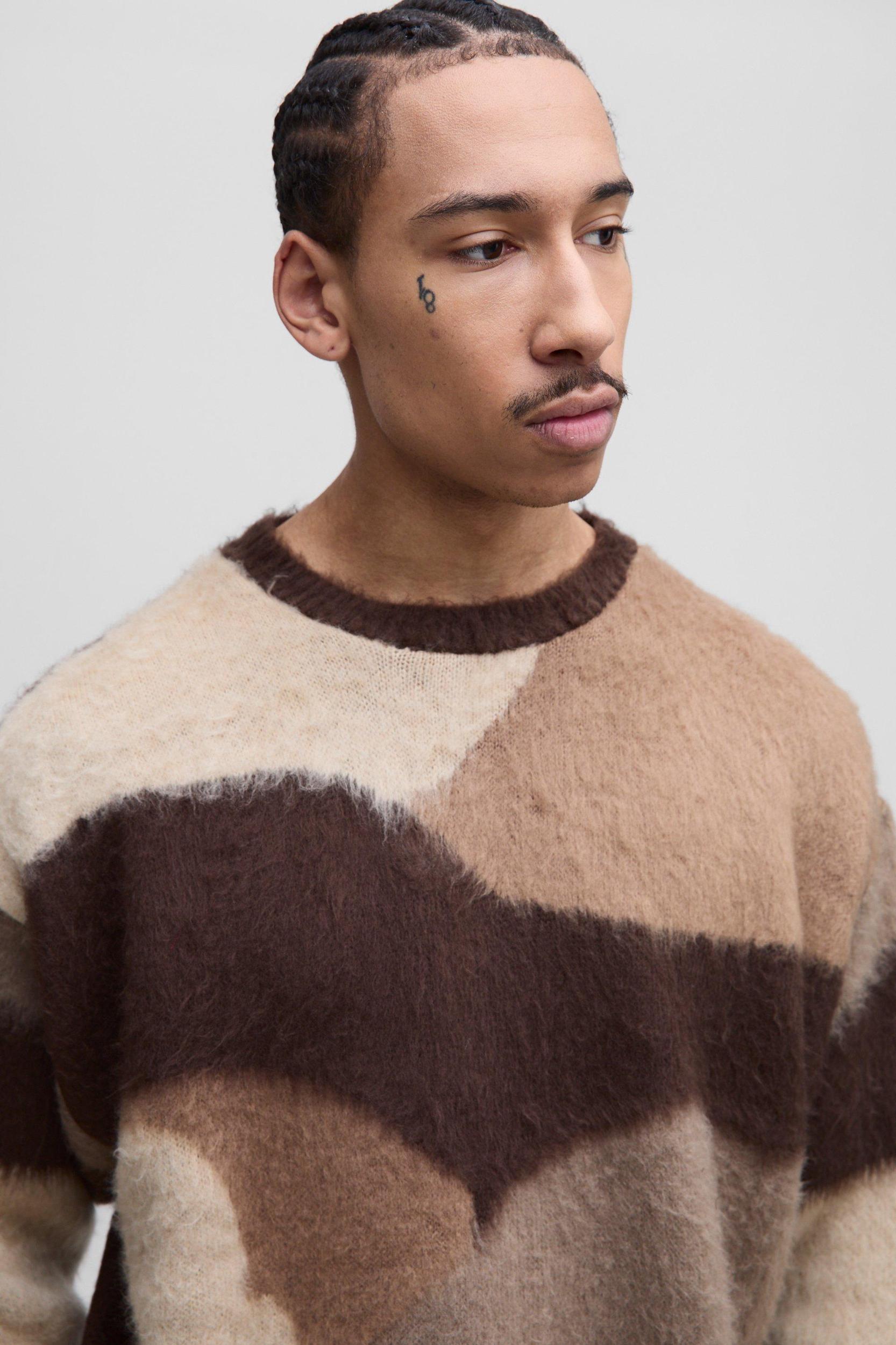 Oversized Boxy Abstract Fluffy Knitted Sweater | boohooMAN USA Product Image
