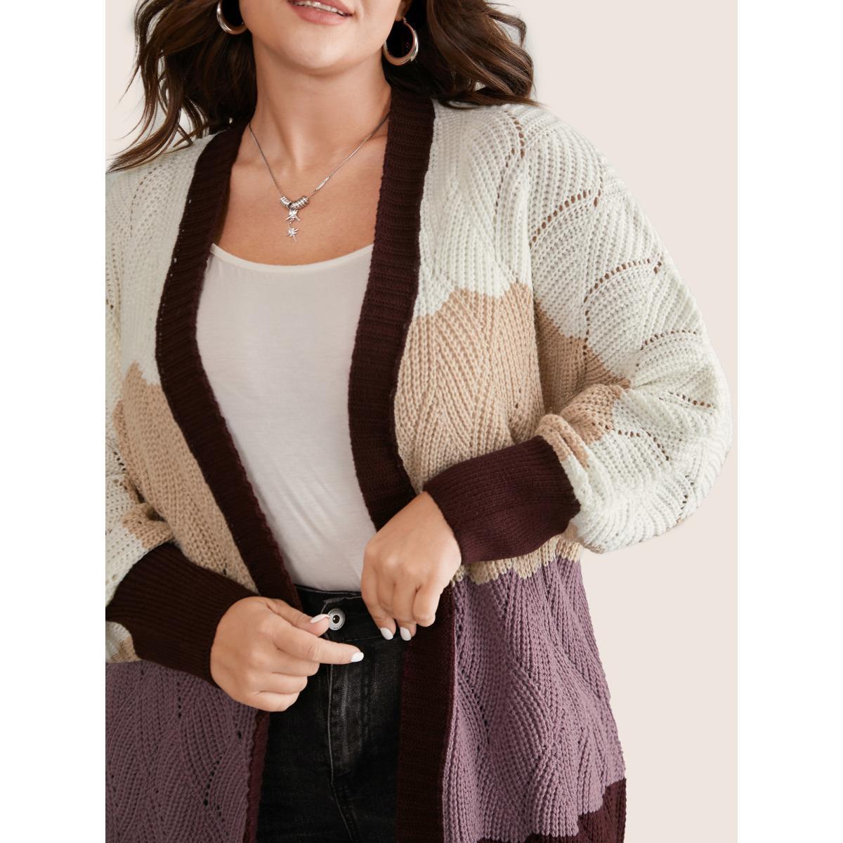 Plus Size Colorblock Contrast Texture Dolman Sleeve Cardigan Burgundy Women Casual Long Sleeve Everyday Cardigans BloomChic 22-24/3X Product Image