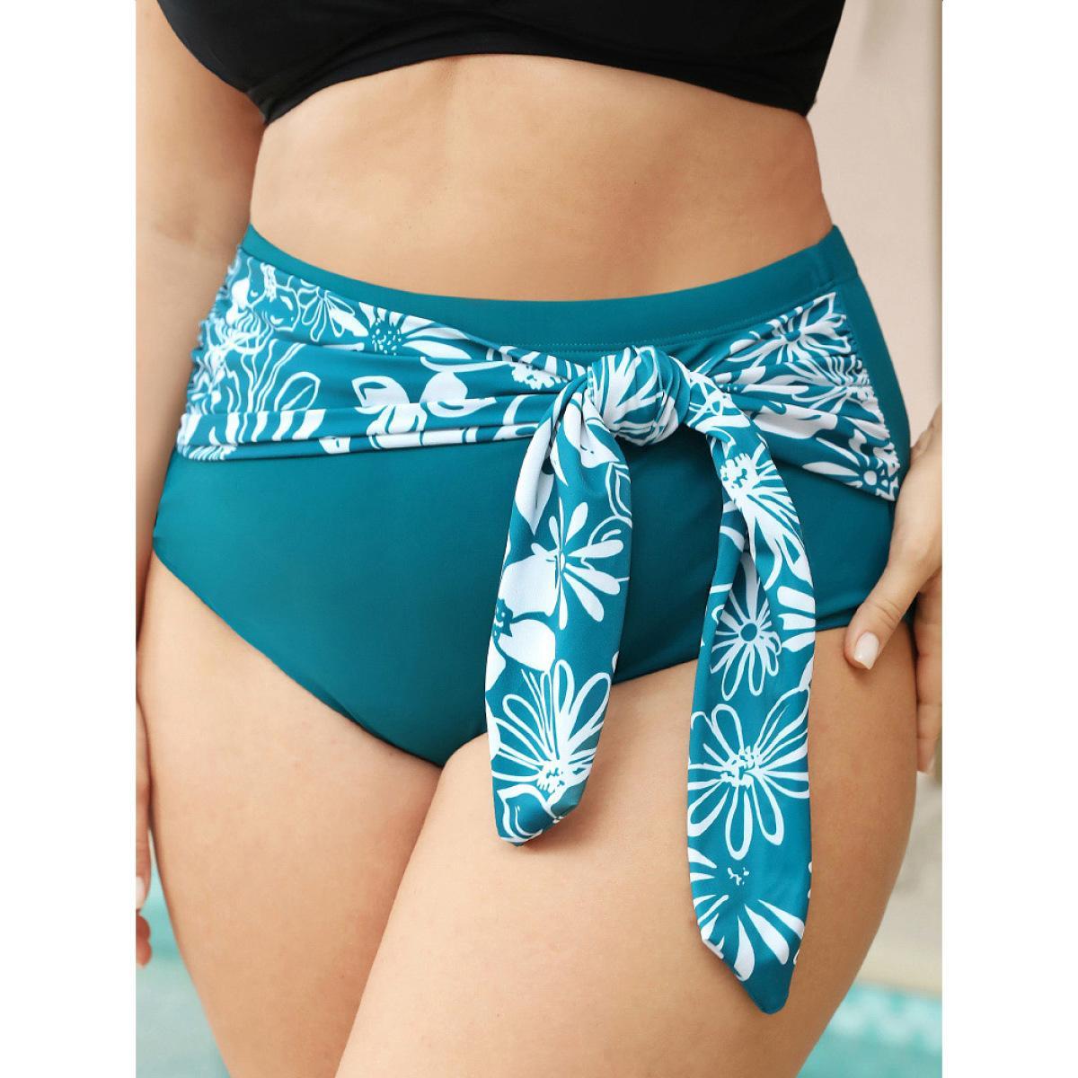 Plus Size Tropical Patchwork Knotted Front Bikini Bottom Women's Swimwear Teal Vacation Cross straps High stretch Skinny High Rise Curve Swim Bottoms BloomChic 18-20/2X Product Image