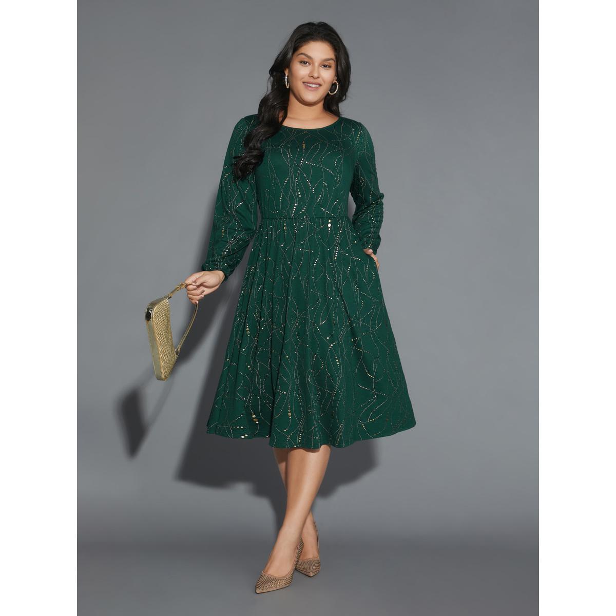 Plus Size Glitter Crew Neck Waist-Cinched Dress Truegreen Women Cocktail Texture Party Curvy Bloomchic 26/4X Product Image