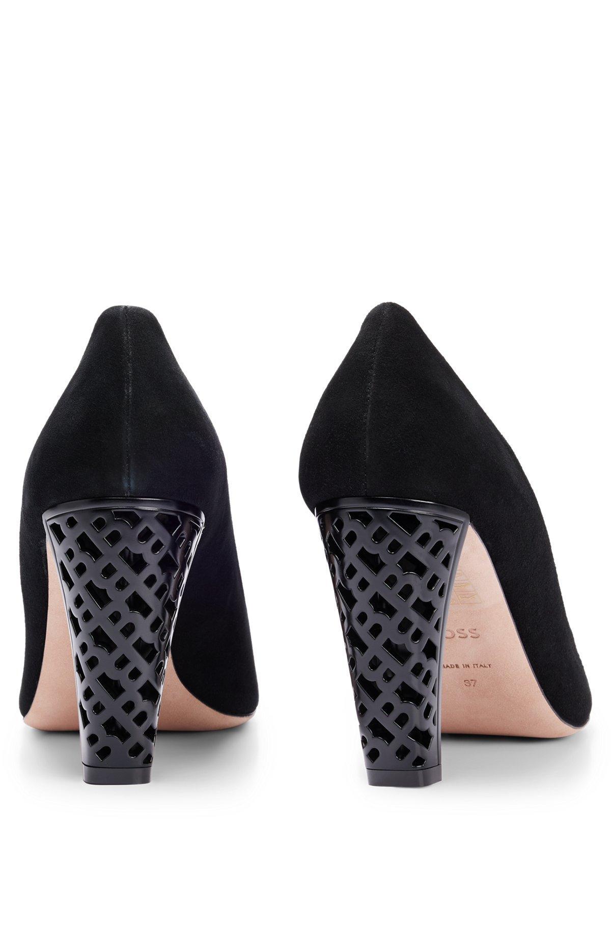 BOSS - Suede pumps with monogram-structured heel - Black Product Image