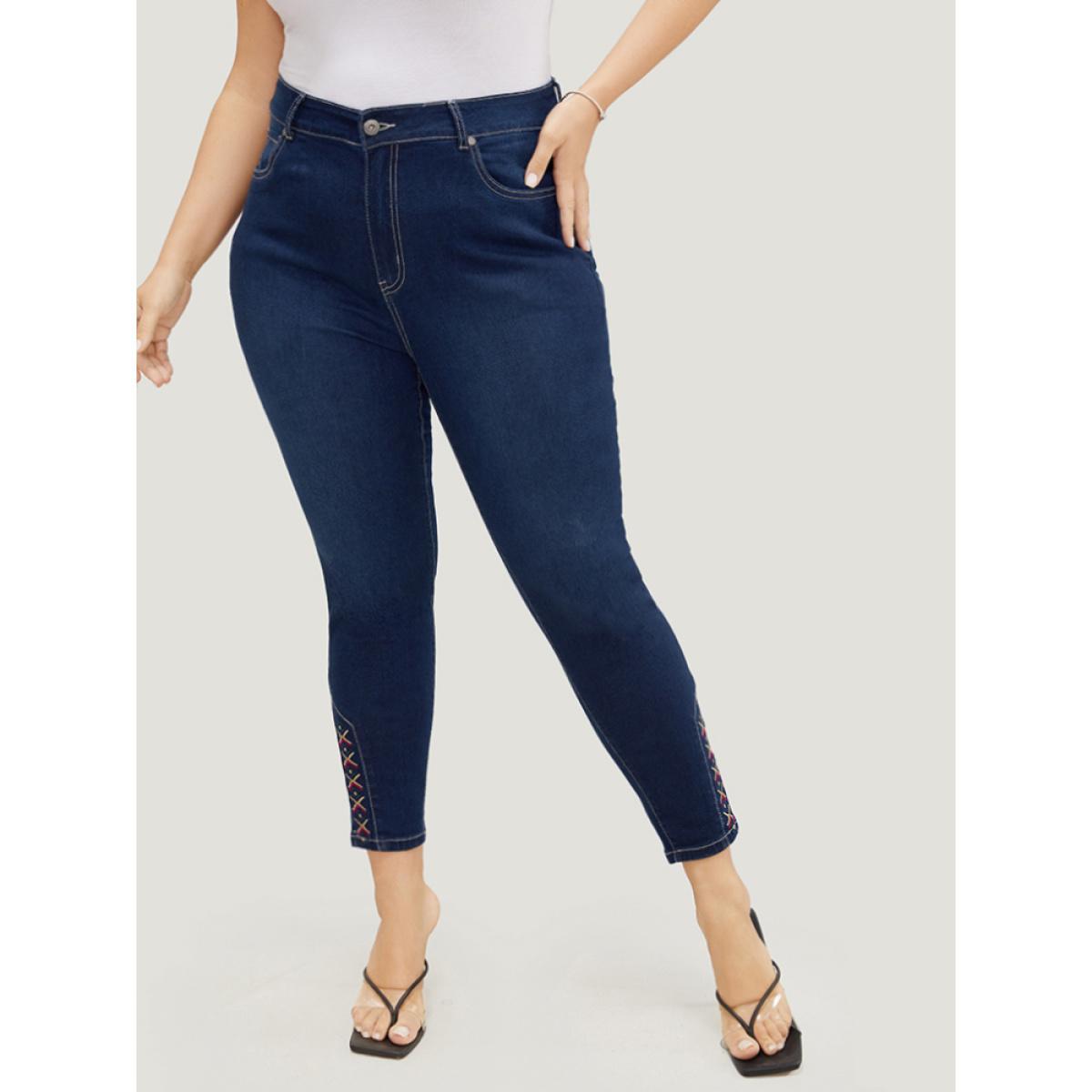 Plus Size Very Stretchy High Rise Dark Wash Geometric Embroidered Jeans Women Indigo Casual Plain Embroidered High stretch Pocket Jeans BloomChic 12/L Product Image