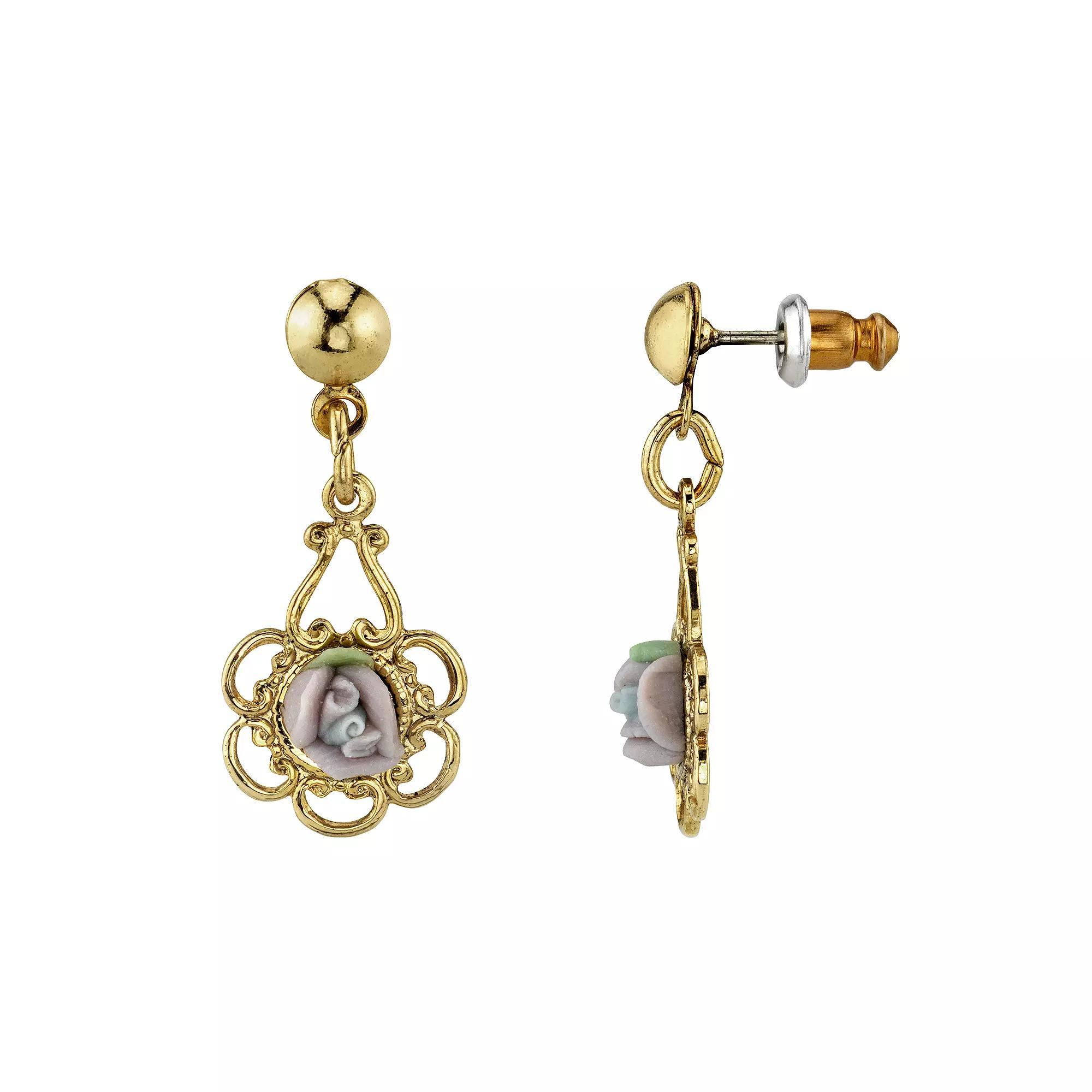 1928 Purple Porcelain Rose Drop Earrings, Womens Product Image