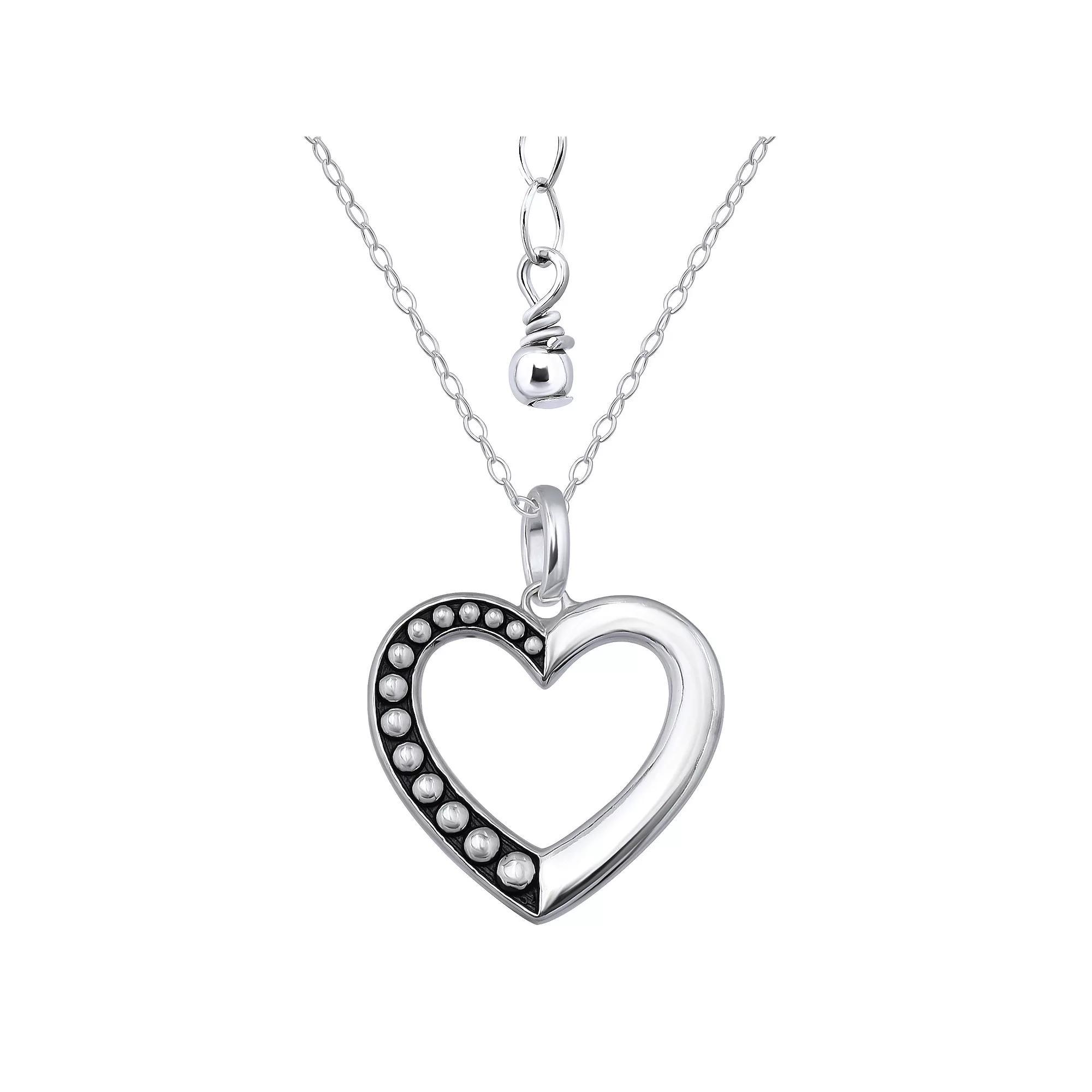 Aleure Precioso Sterling Silver 1/2 Beaded & 1/2 Polished Open Heart Pendant Necklace, Womens Product Image