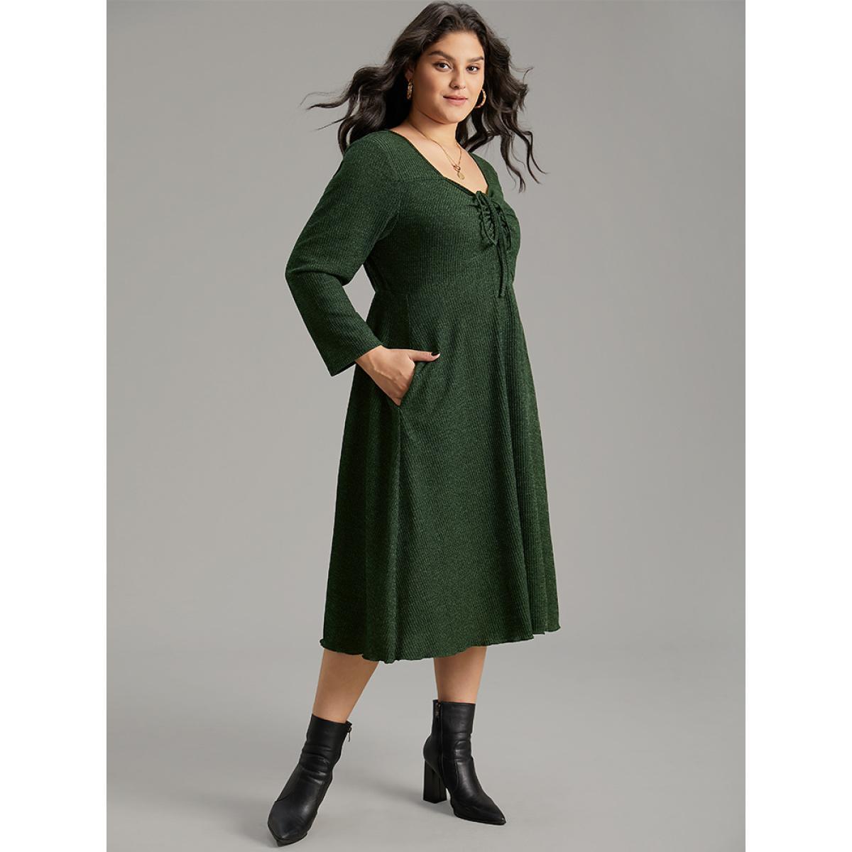 Plus Size Square Neck Solid Drawstring Rib Knit Dress DarkGreen Women Casual Plain Square Neck Long Sleeve Curvy Midi Dress BloomChic 30/6X Product Image