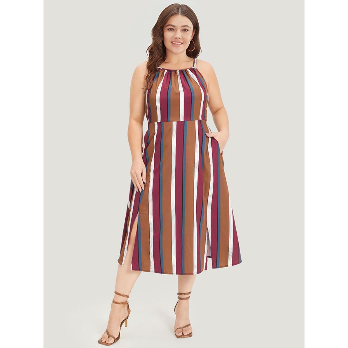 Plus Size Striped Bowknot Cut Out Split Hem Gathered Cami Dress Multicolor Women Elegant Knotted Spaghetti Strap Sleeveless Curvy Midi Dress BloomChic 14-16/1X Product Image