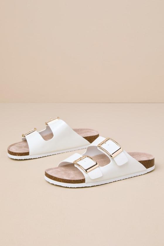 Bodiee White Patent Buckle Slide Sandals Product Image